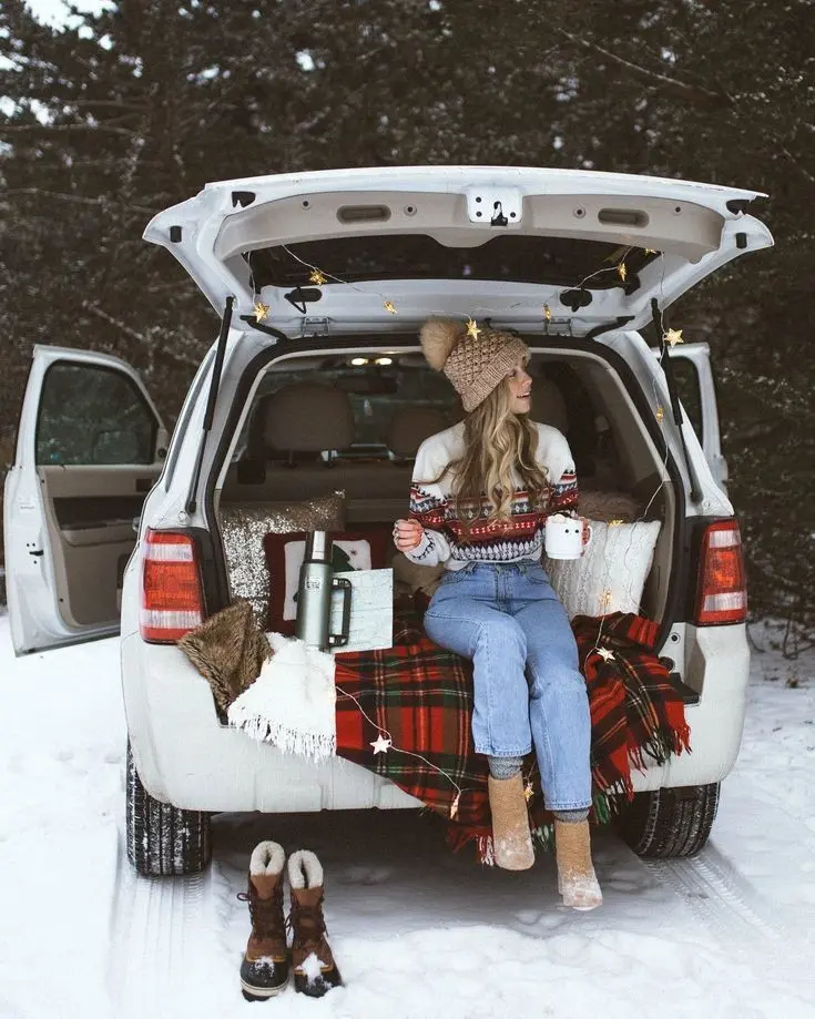 Download Girl Pose in Car Winter Location