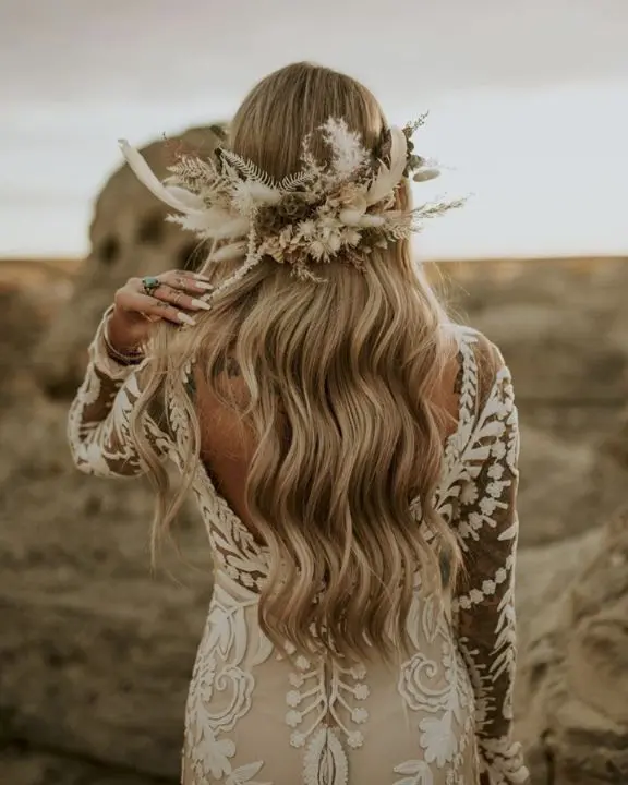 Open Hair with Feather-Like Floral Crown for Brides