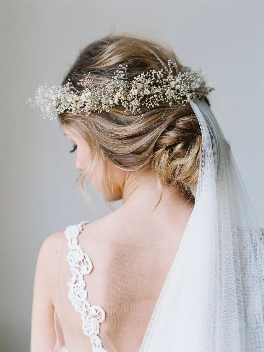 Tied Hair with Simple Floral Crown for Brides