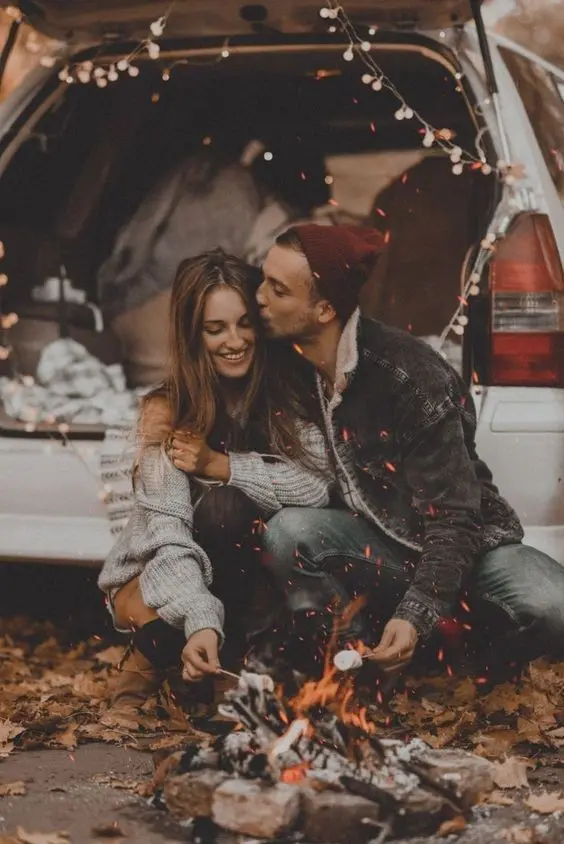 Romantic Couple Pose in Forest Camp