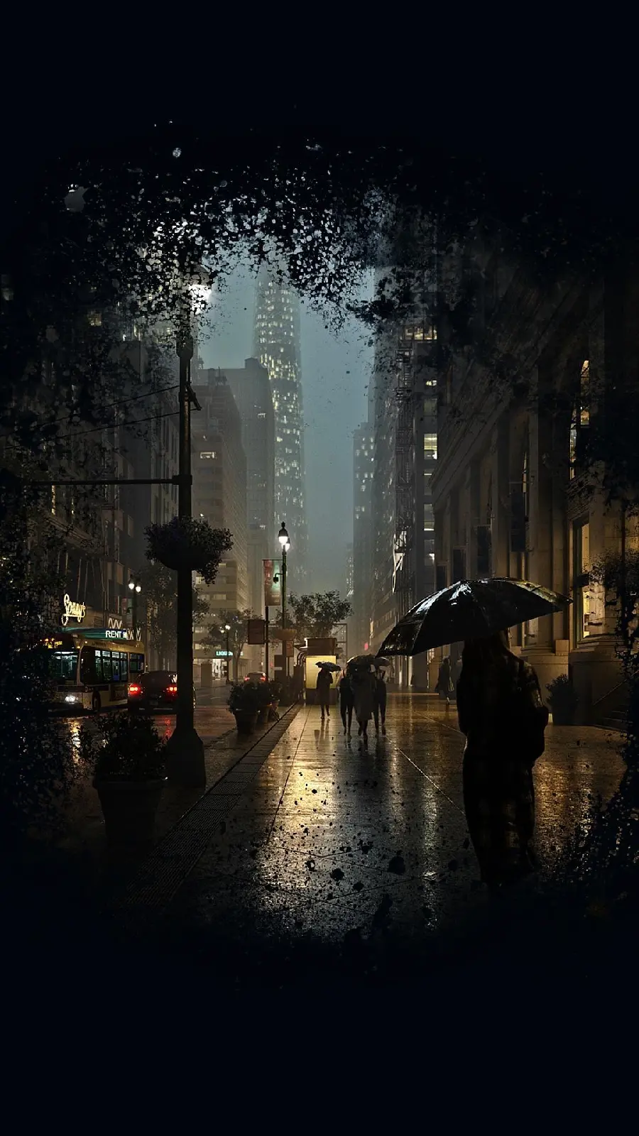 Beautiful Rainy Night Photo - Walking in the Rain with an Umbrella
