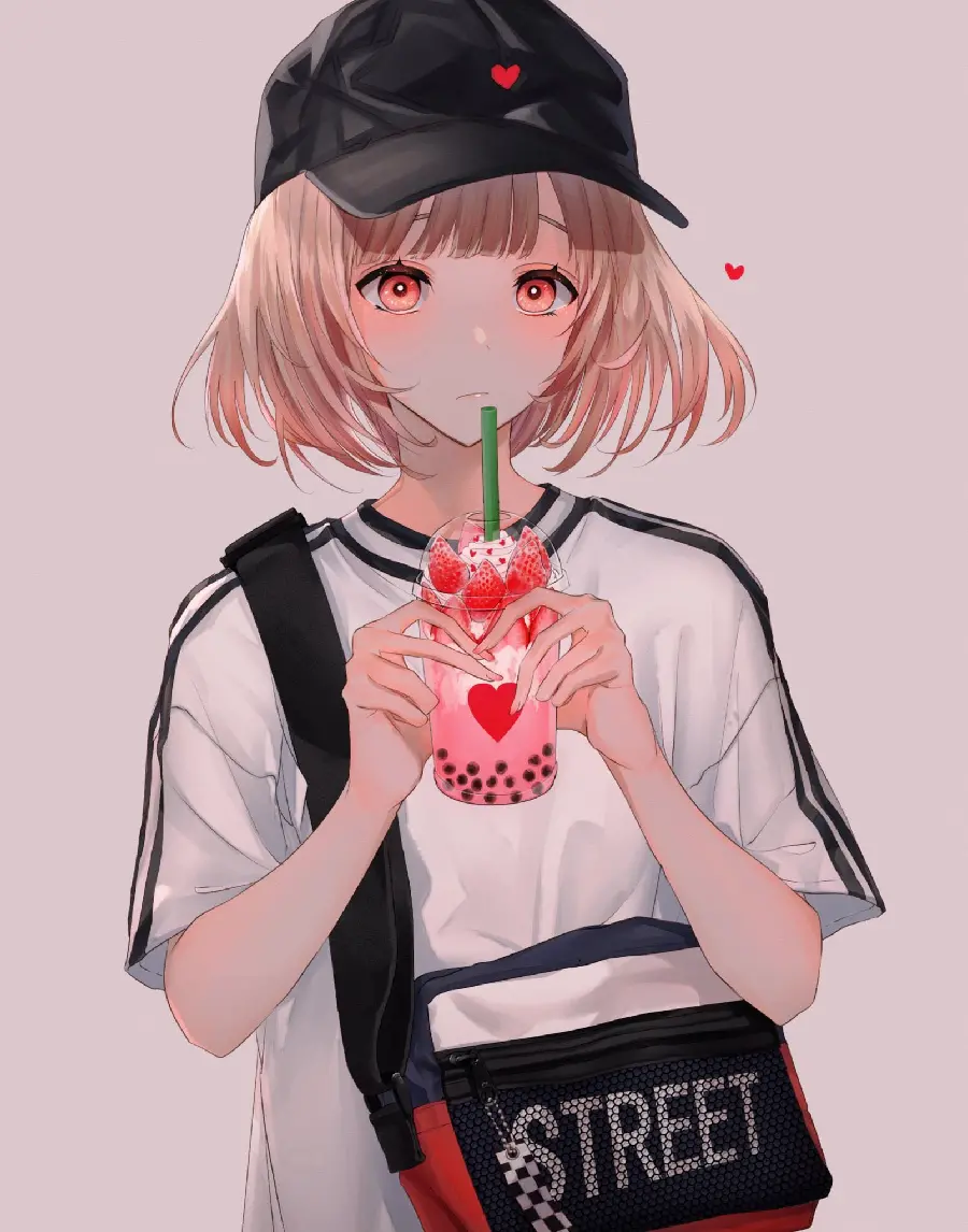 Anime Girl with Strawberry Bubble Tea Photo