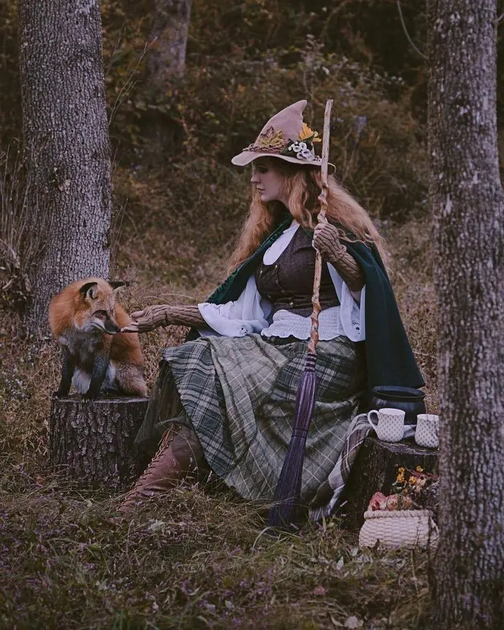 Download Background of a Witch and a Fox in a Forest