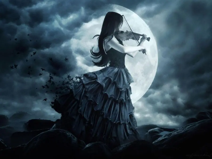 Moon and Violin Girl Photo for Wallpaper