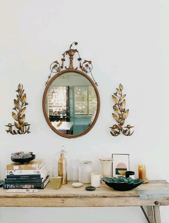 Download Mirror with Books on Wooden Table Image