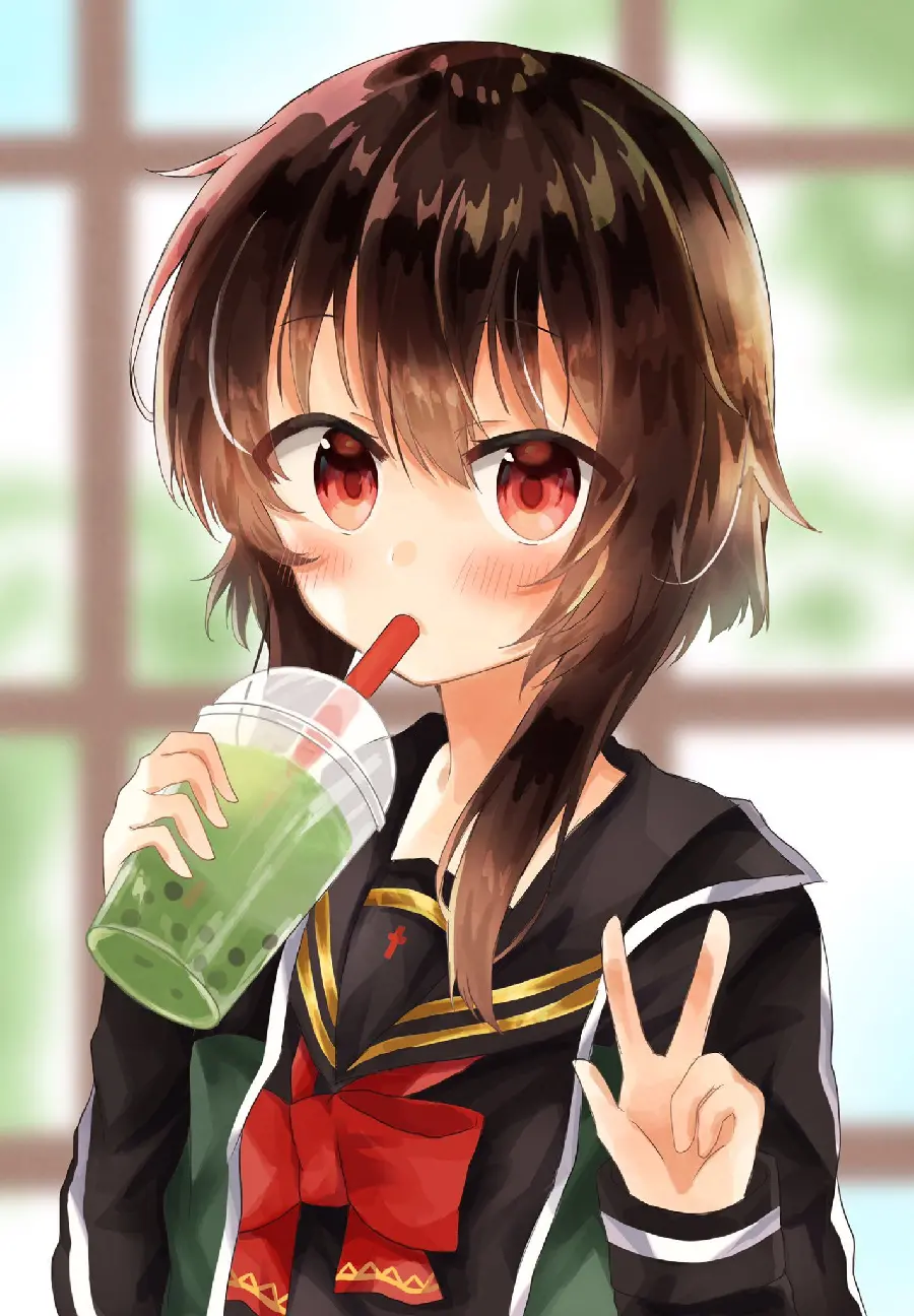 Anime Girl with Bubble Tea at School Photo