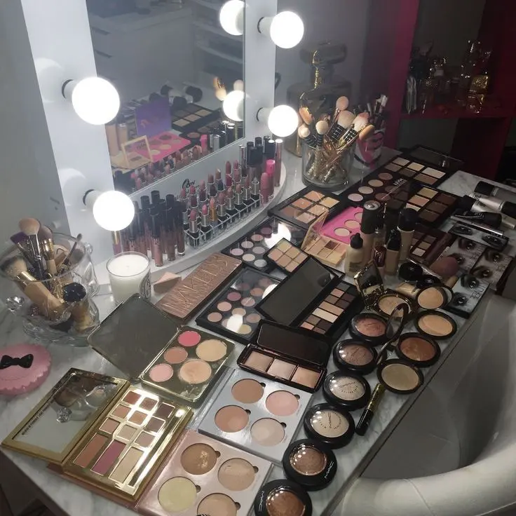 Download Image of a Makeup Table with Large White Lamps