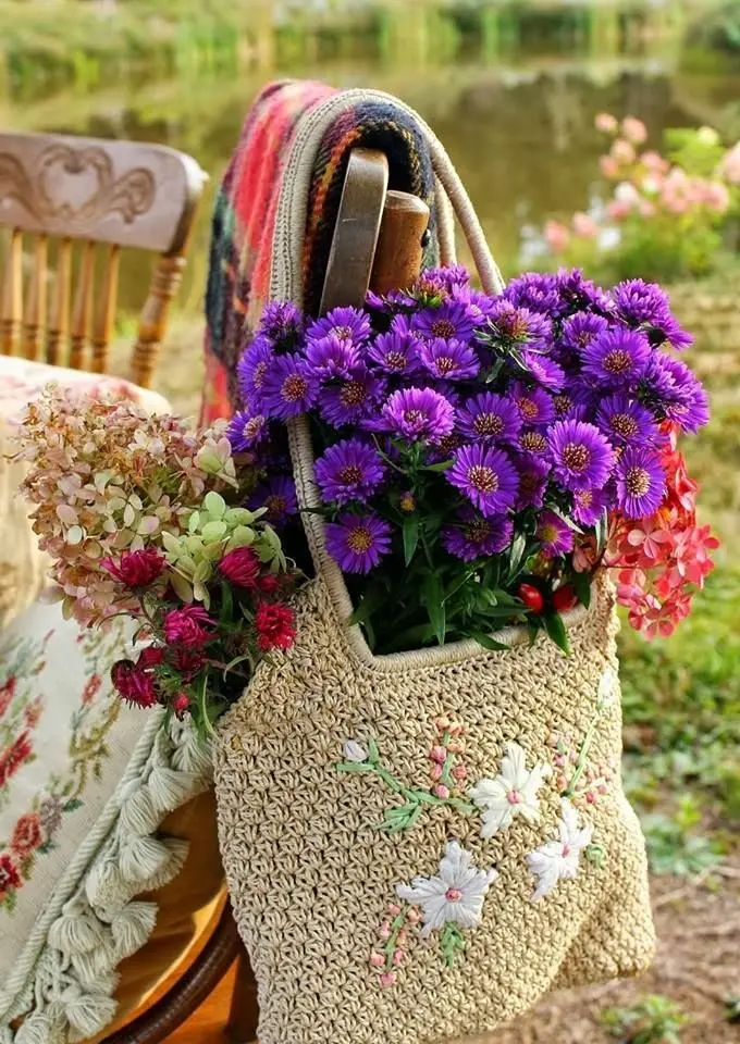 Download Image of Purple Flowers in Knitted Basket
