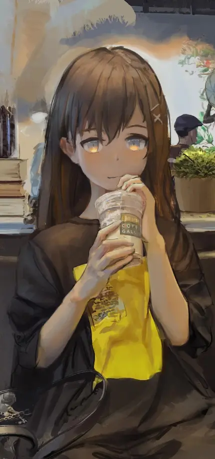 Anime Girl with Black Hair and Bubble Tea Photo