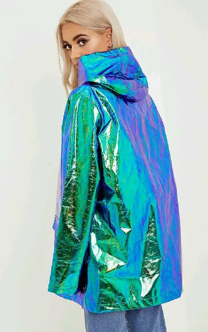 Download High-Quality Image of Blonde Girl in Blue Holographic Coat
