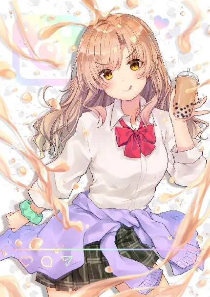 Happy Anime Girl with Bubble Tea Photo