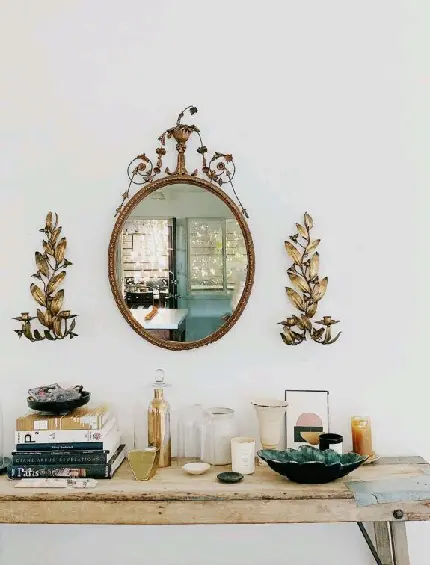 Download Mirror with Books on Wooden Table Image
