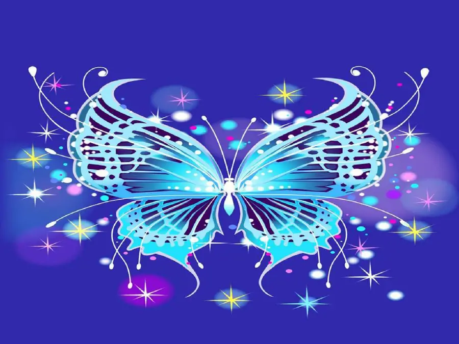 Download a shiny blue butterfly wallpaper on a purple background for your Telegram profile