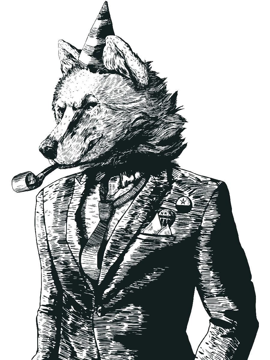 Creative and artistic wallpaper of a cartoon wolf in black and white style