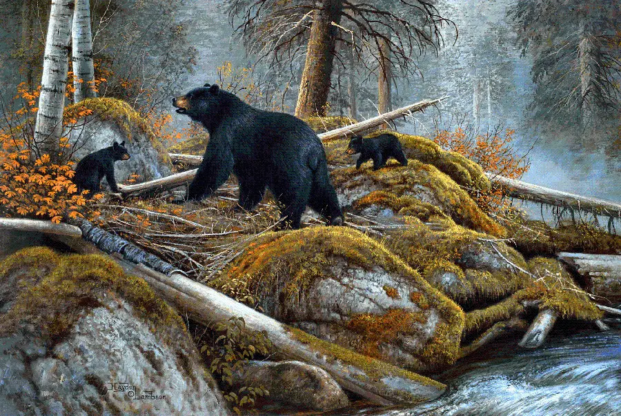 A very beautiful painting of black bear cubs and their mother HD