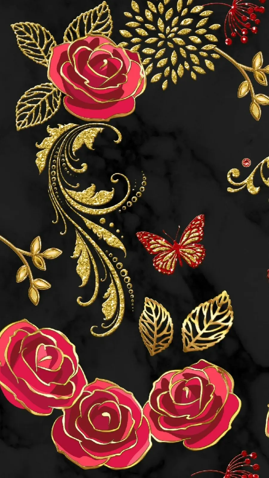 Black background image with red roses and butterflies for iPhone 