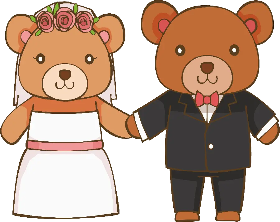 Cartoon drawing of a bear with a bride and groom theme for wedding ceremonies