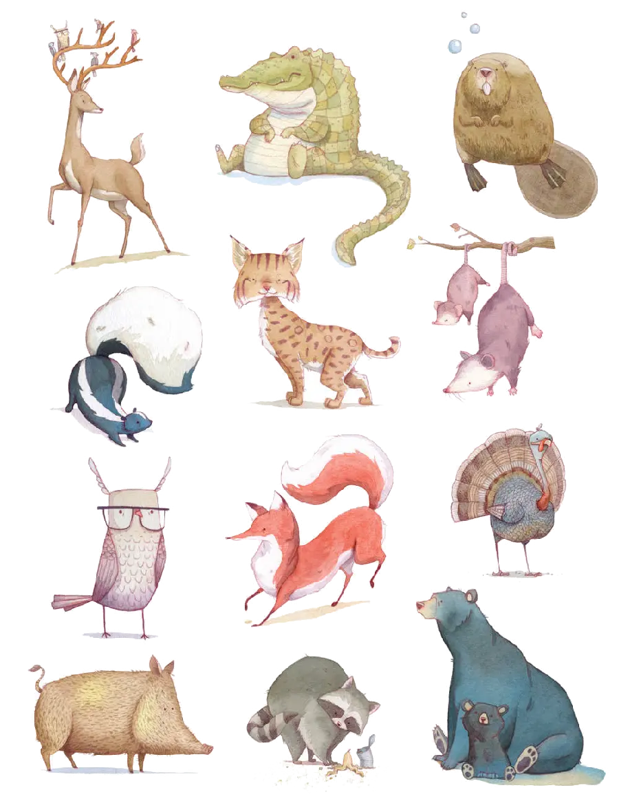 Stock Photo of a Fox Drawing Next to Other Domestic and Wild Animals of the Forest