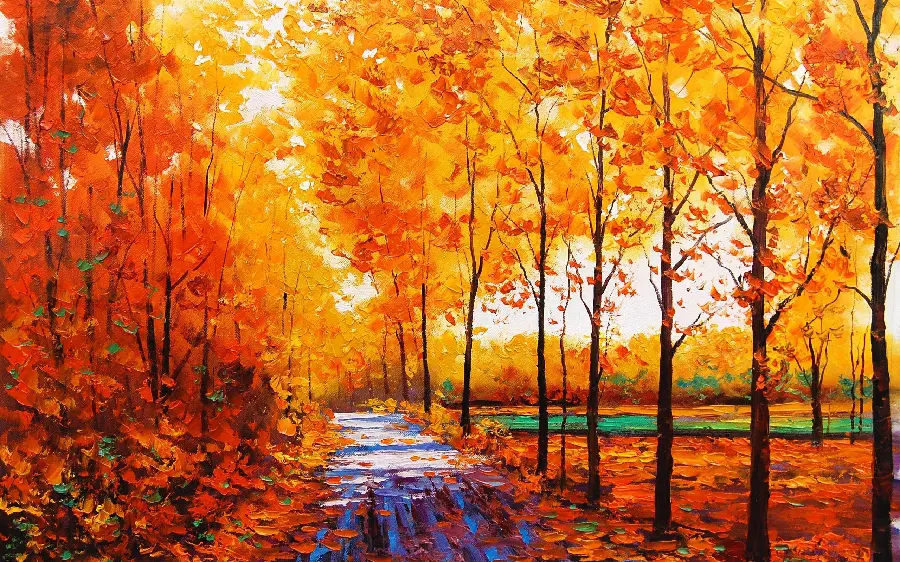Oil painting of orange and golden autumn nature