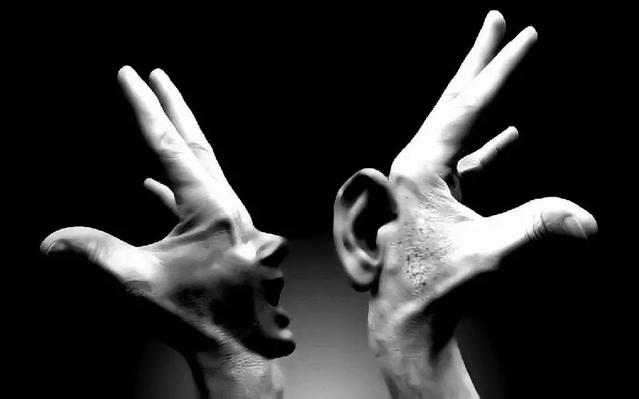 A special and different photo of two hands talking to each other, one ear and one mouth