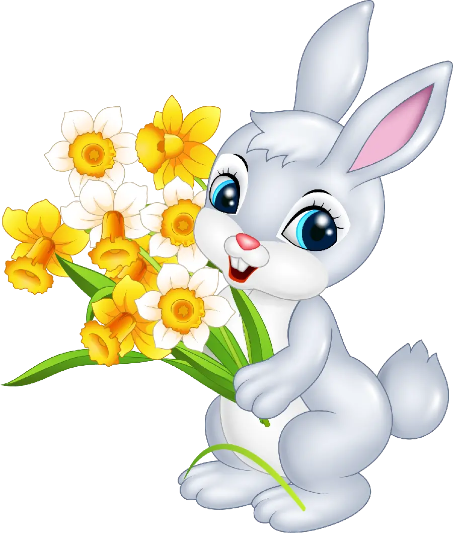 Cartoon Rabbit Wallpaper with Bouquet of Flowers in PNG File