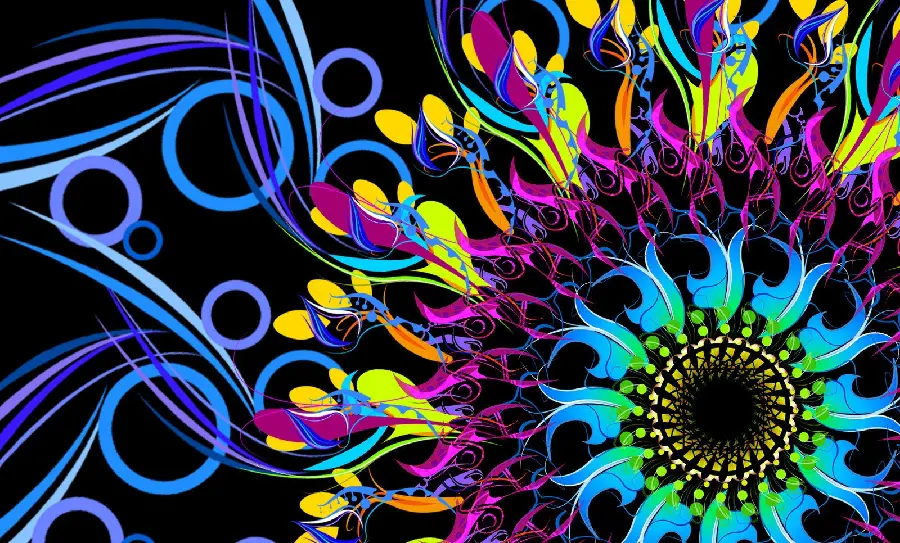 Download a neon desktop background with a large and colorful flower design