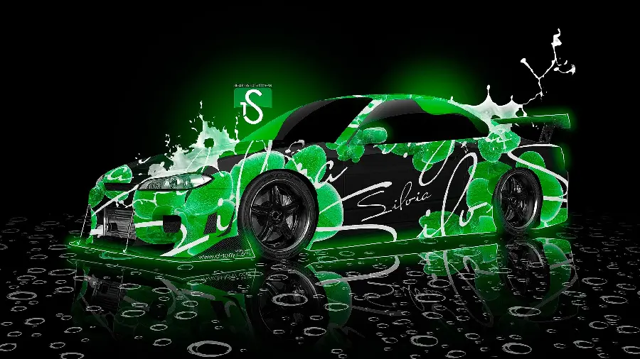 Download a beautiful image of a car covered in green neon paint for your desktop