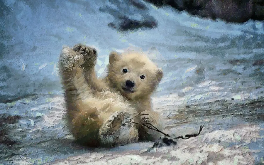 Unique drawing of a playful polar bear cub