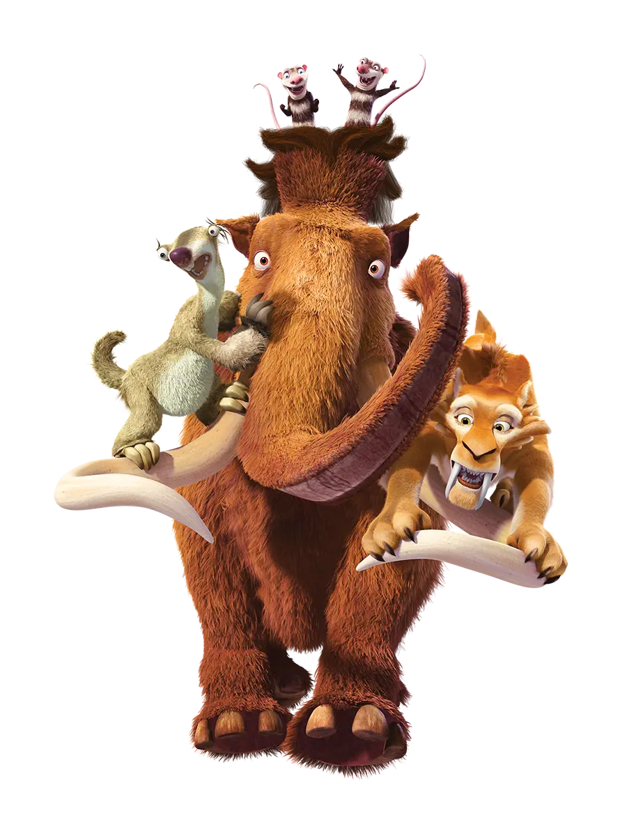 Wallpaper of popular characters from Ice Age next to Sid the sloth PNG