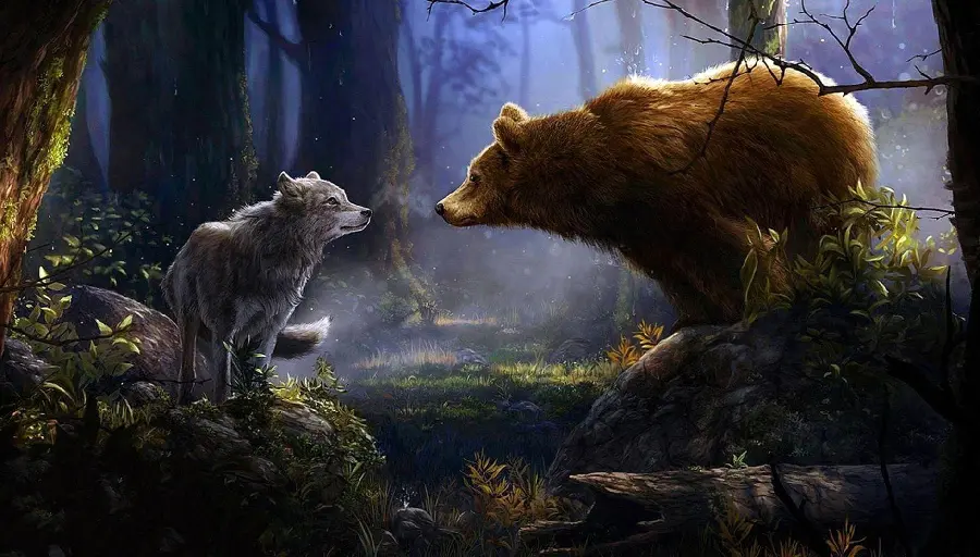 A very beautiful animation photo of a bear and a forest wolf in HD quality