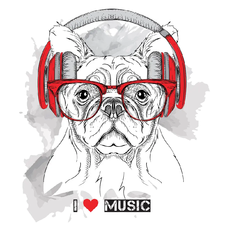 Background image of a dog drawing with the text l love music 