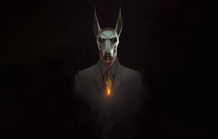 Dark and scary wallpaper of a jackal man for desktop background 