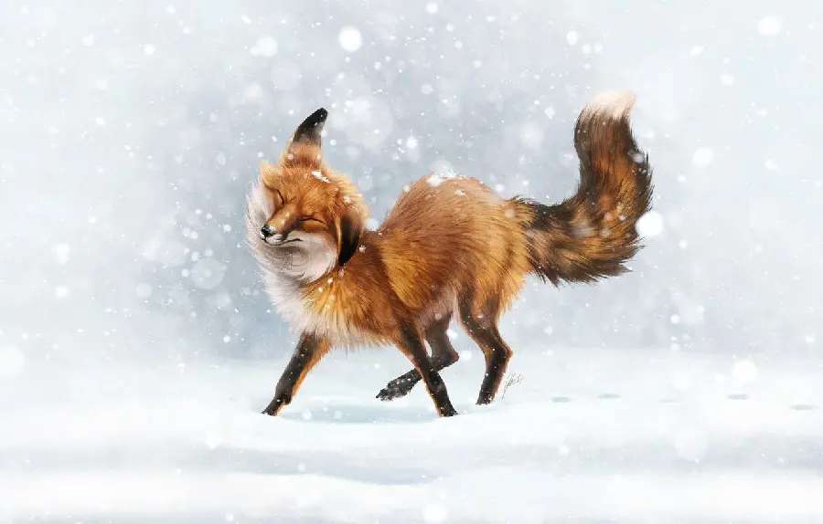 Digital painting photo of a happy arctic fox Among the snow