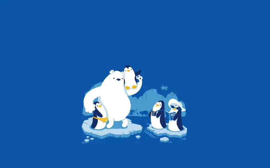Download cartoon and spectacular wallpaper of polar bear friendship with penguins