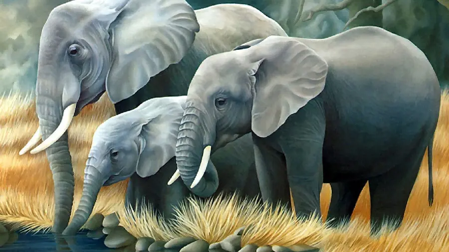 Download stock photo of a baby elephant with his family in the grasslands 4K