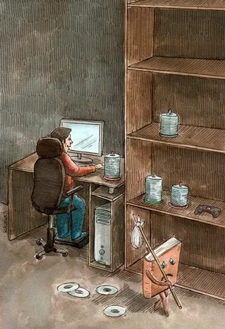 Internet vs Books Cartoon Illustration About Reading Decline