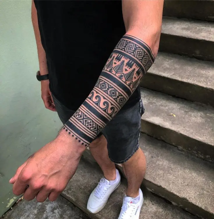 Complete Forearm Tattoo With Geometric Patterns Design