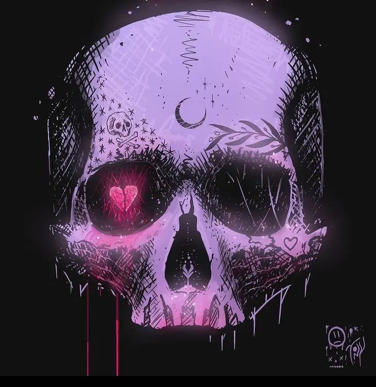 High Quality Scary Fantasy Skull Photo With Pink Heart