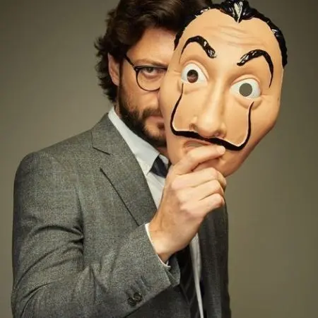 Stunning photo of Alvaro Morte as The Professor with Dali mask