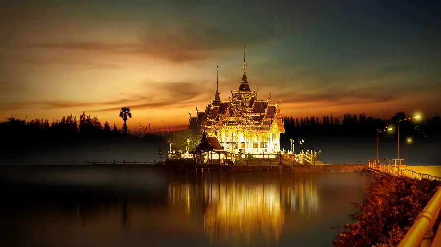 Beautiful Buddhist Temple at Night Background Images