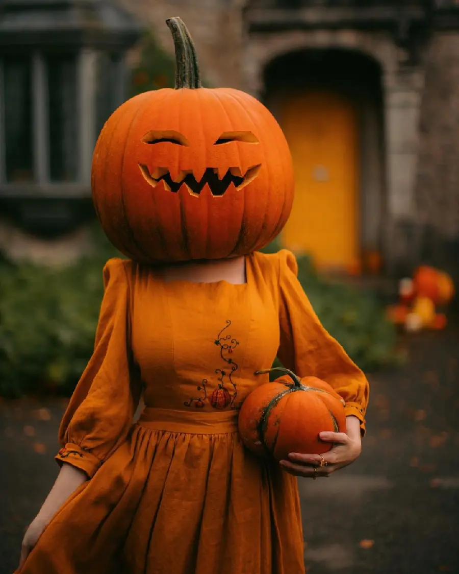High resolution photo of model with pumpkin on head