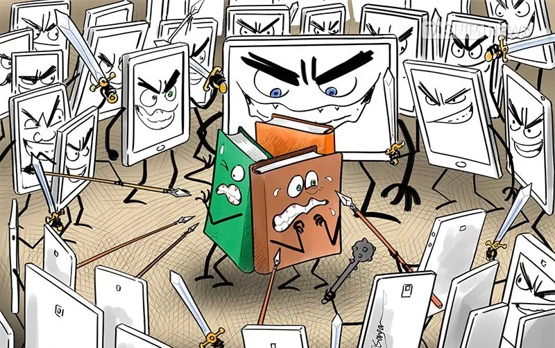 Cartoon About Books Competing With Social Media Distractions