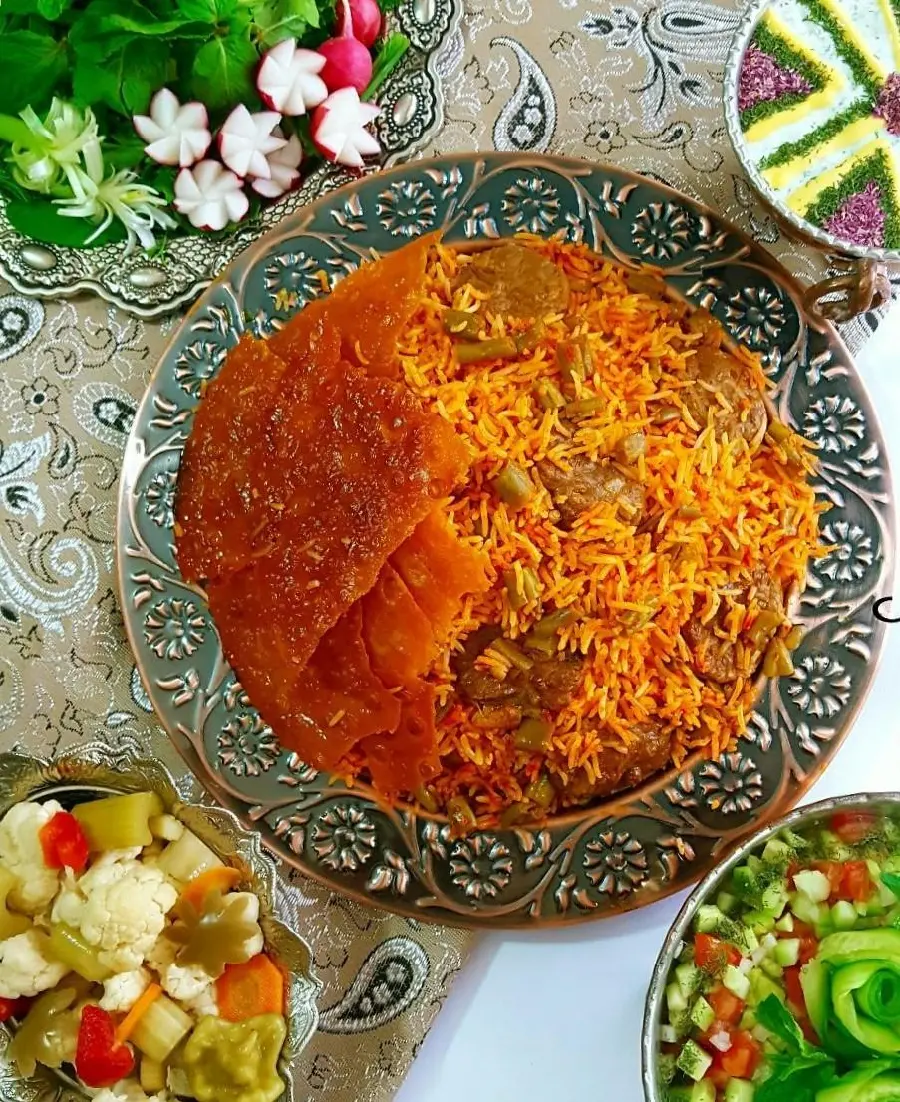 Loobia Polow Persian green bean rice with meat photo