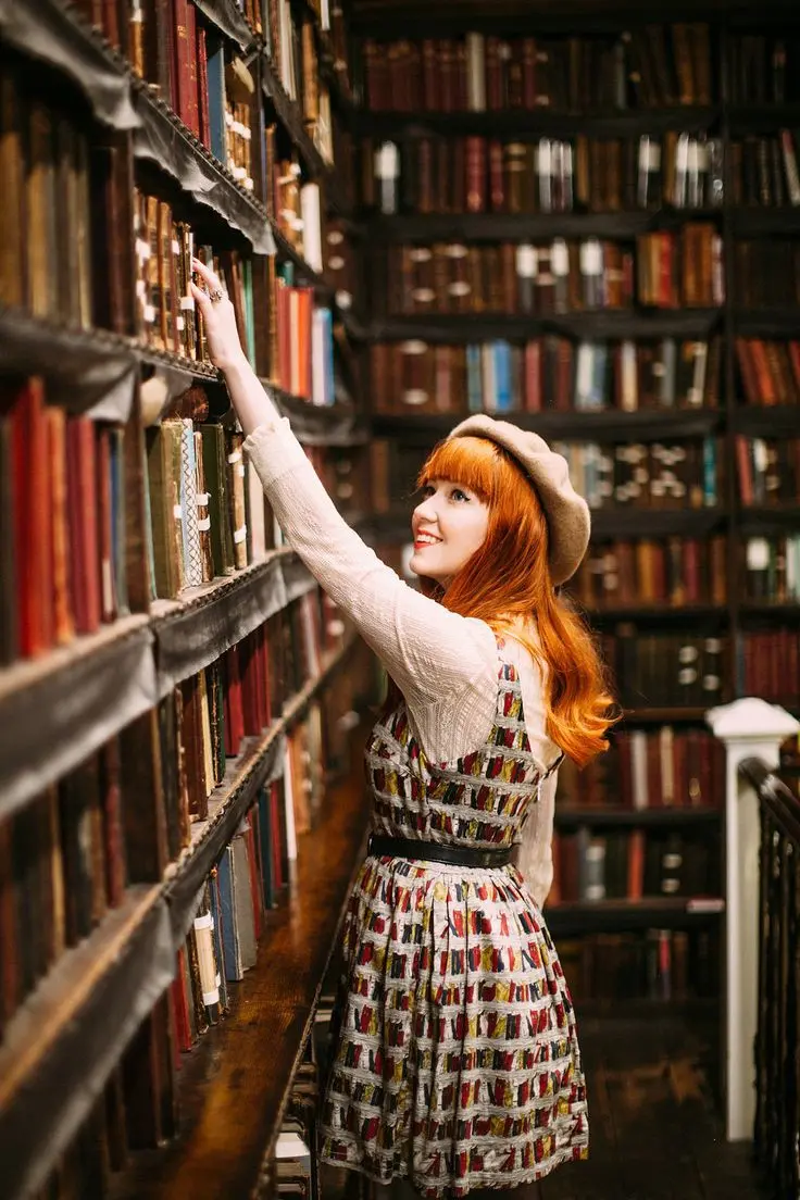HD quality feminine library photography poses with books