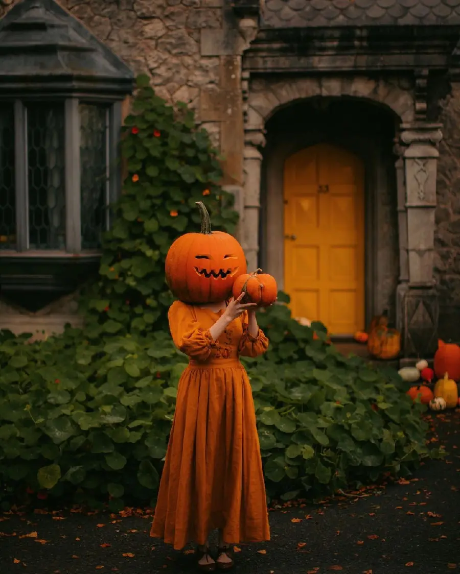 Halloween themed photography with pumpkin head