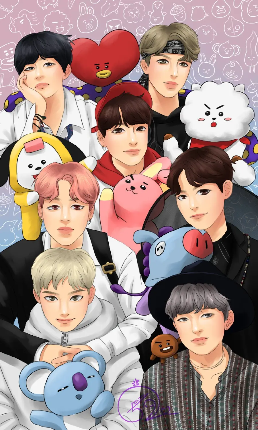 BTS Cartoon Wallpaper Featuring Korean Pop Band
