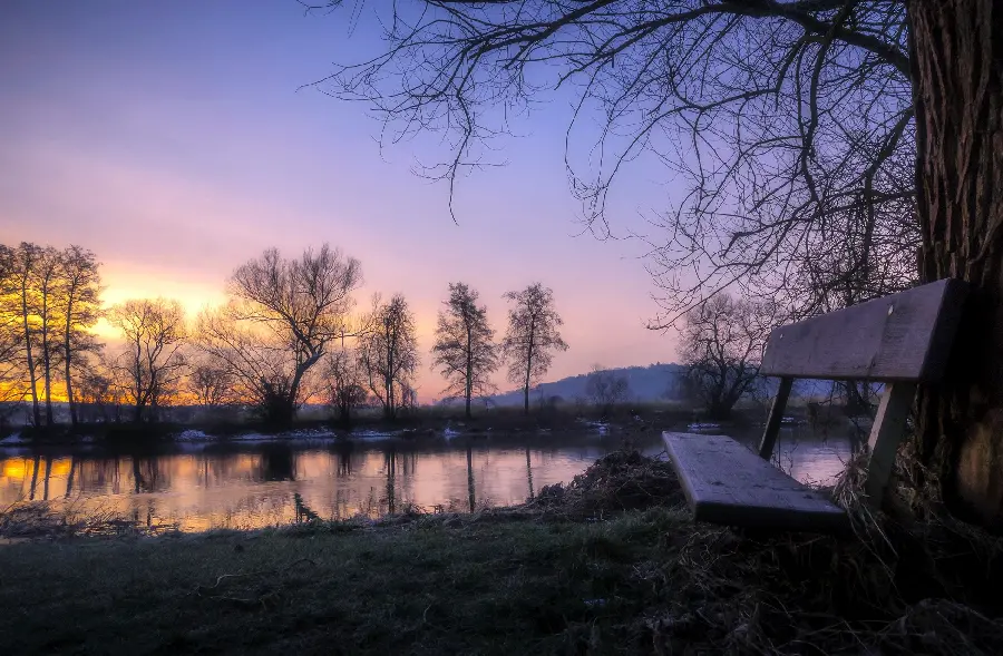 Empty bench winter sunset HD wallpaper