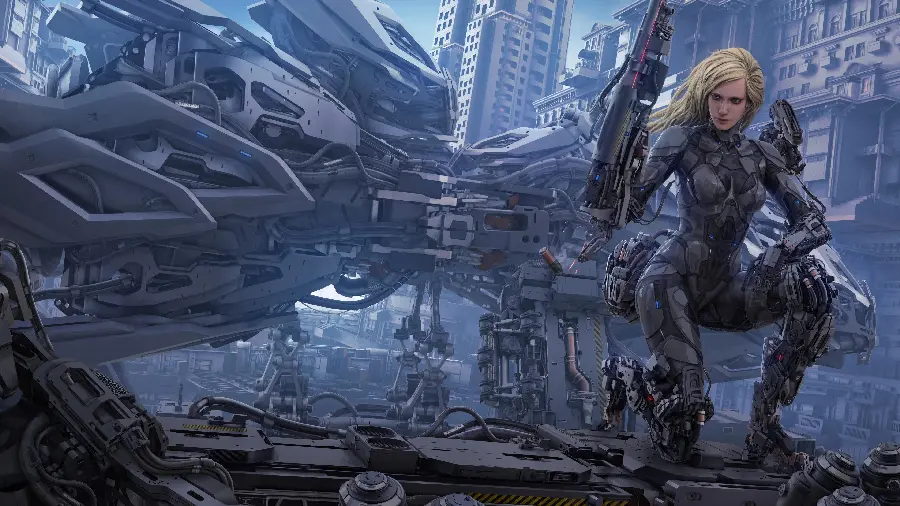 Fantasy wallpaper of female cyborg hero in best quality
