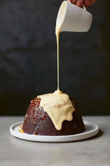 Chocolate plum pudding with white sauce photo for World Plum Pudding Day