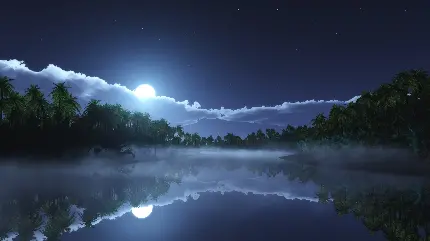 Moonlit River Night Scene with Moonlight Windows Background